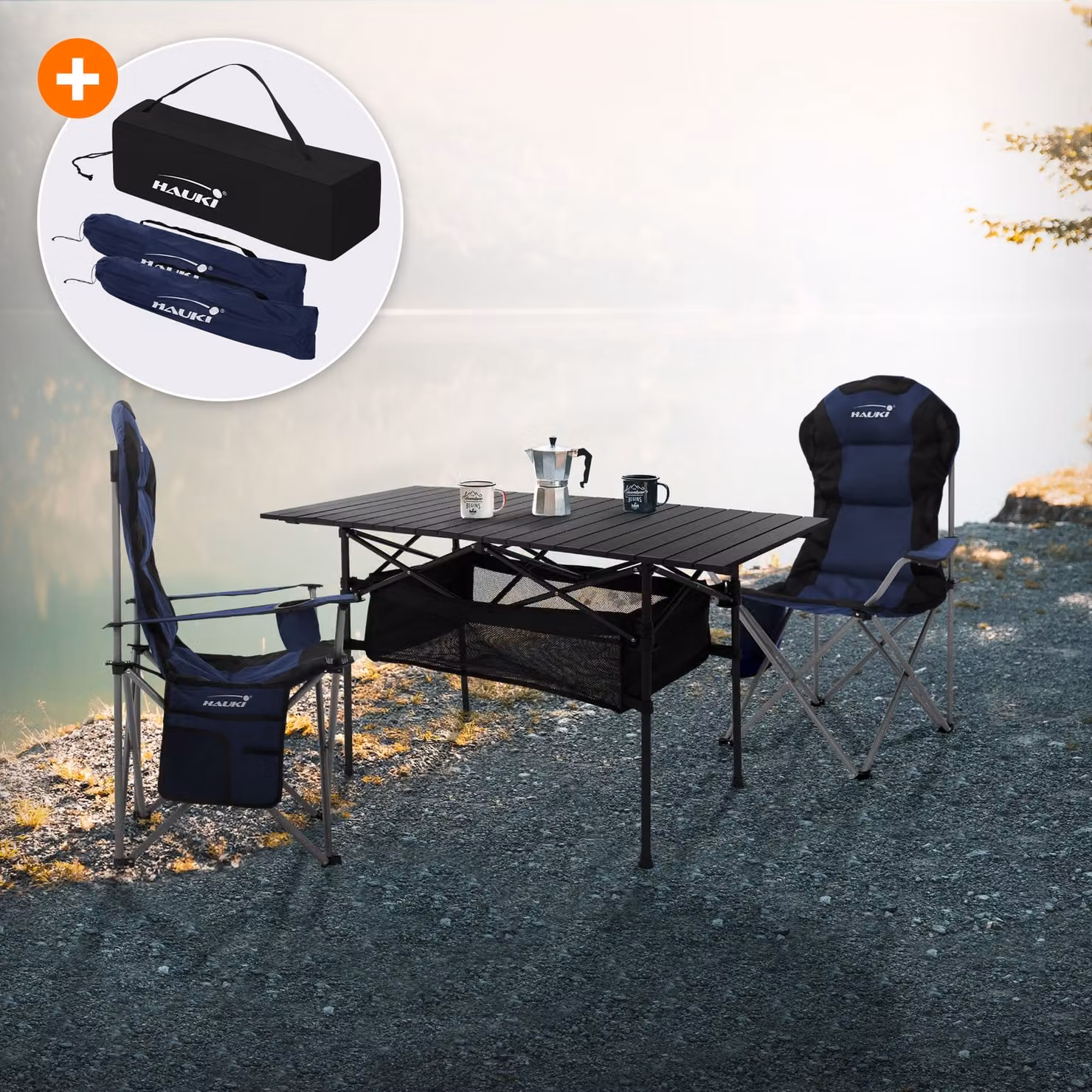 Set di mobili da campeggio Hauki 3 pezzi, tavolo pieghevole nero con 2 sedie da campeggio blu, inclusa borsa di trasporto