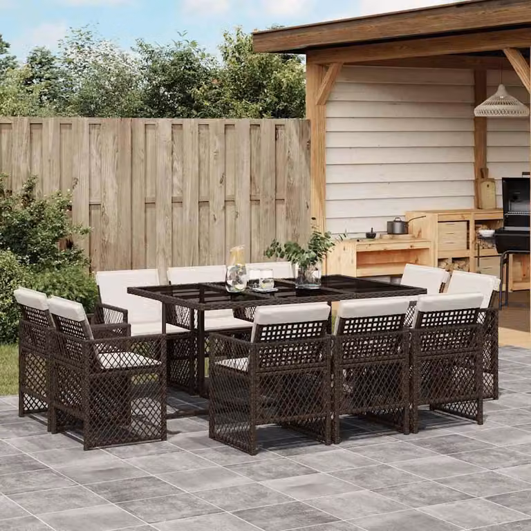 vidaXL Set da Pranzo da Giardino 11 pz in Polyrattan Marrone con Piano in Vetro e Cuscini