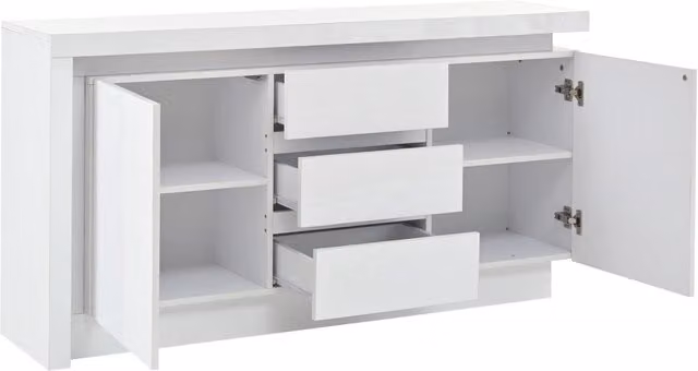 Sideboard bianco lucido 140x35x72 cm con 2 ante, 3 cassetti, ripiani regolabili e illuminazione LED