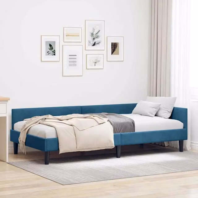 Letto ad angolo moderno vidaXL in velluto blu con struttura in legno e listelli L 190 x P 90 cm – 1