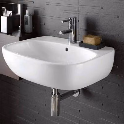 Lavabo sospeso Geberit Fantasia in ceramica bianco lucido con foro singolo e troppo pieno L: 70 cm, P: 48 cm, H: 18 cm – 1