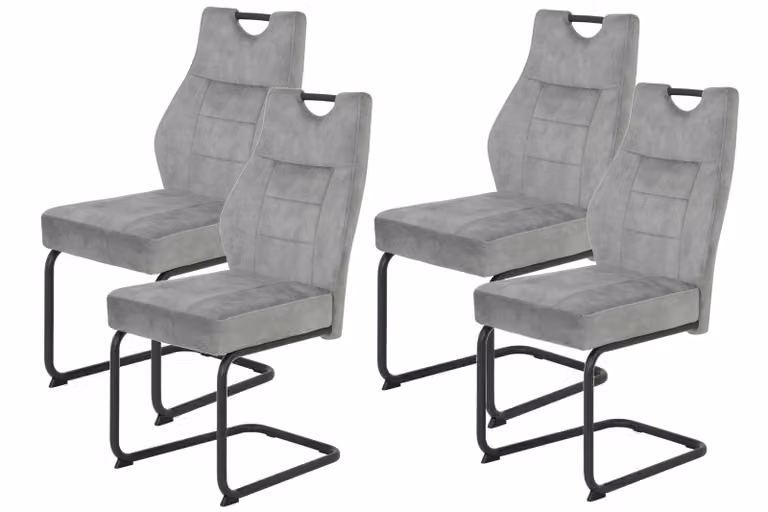 Set da 4 tavoli Hela, set di 4 sedie a sbalzo LINDA, microfibra vellutata argento, struttura in tubolare tondo nero, seduta comfort con molle, portata 140 kg, schienale con maniglia