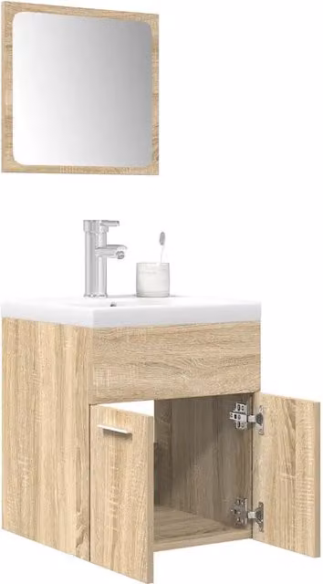 Set Mobili da Bagno Moderno vidaXL in Legno e Vetro, Colore Bianco e Marrone, Composizione con Mobile Lavabo e Armadietto Specchio a Parete