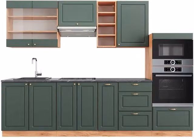 Cucina componibile Fame-Line Verde-oro rustico/Rovere dorato 280 cm, PL Antracite Vicco