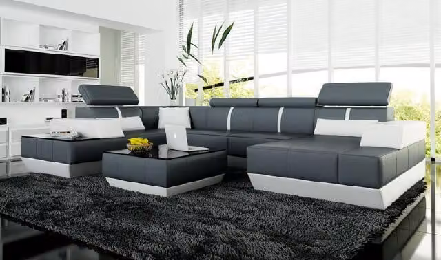 Ledersofa + USB,Wohnlandschaft Sofa Ecksofa Eckcouch Ledercouch Poster Ecke