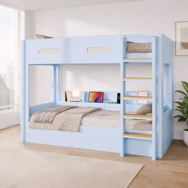 Letto a castello Mivray blu con ripiani laterali e porta USB, L/P/H: 90 x 200 x 196,5 cm