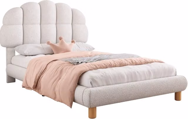 Letto singolo 90x200 per bambini e ragazzi， letto imbottito in tessuto bouclé con rete a doghe in legno， testiera regolabile， bianco moderno， senza materasso