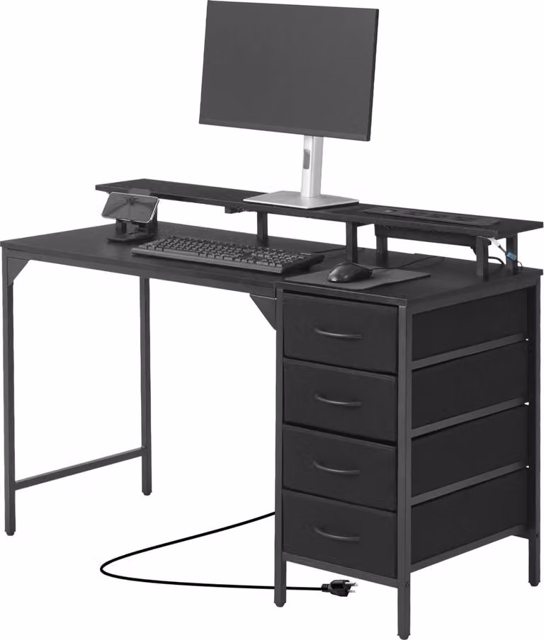 SucceBuy scrivania per computer con illuminazione a LED e prese di corrente, scrivania con 4 cassetti spaziosi e supporto per monitor, ideale per lo studio, il soggiorno o l'ufficio di casa, nero
