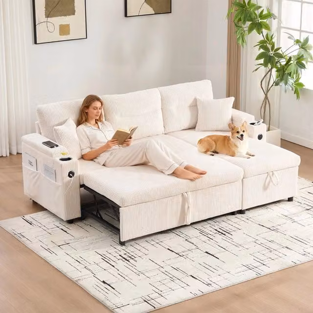 Divano 3 posti con contenitore e chaise longue ¨C Minimal ¨C tessuto corda, con cassetti e porta bevande USB-C