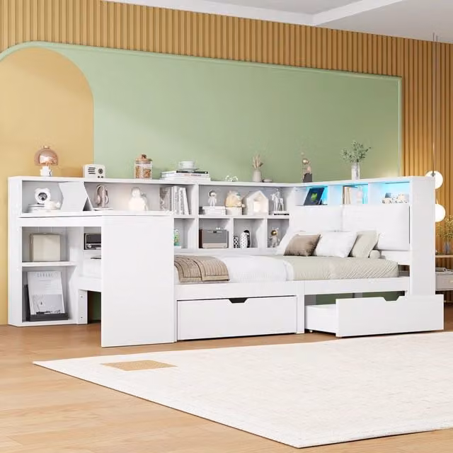 Letto a piattaforma in legno a L 140x200 cm con scrivania e libreria, letto angolare con testiera imbottita, cassetti sotto il letto, luce LED, Bianco