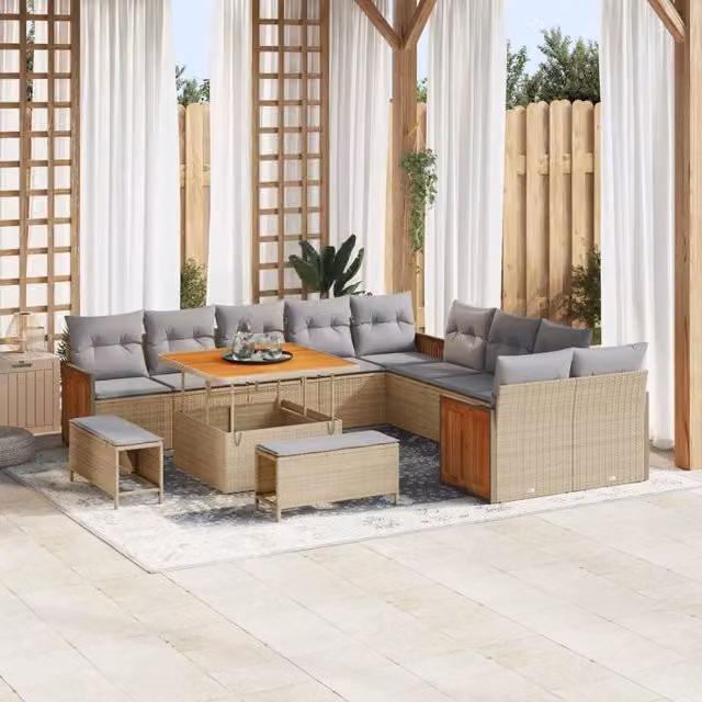 Set Divano da Giardino vidaXL a forma a U composto da 13 pezzi con cuscini beige e grigi, tavolo da caffè e pouf, struttura in acciaio verniciato a polvere e legno di acacia – 1