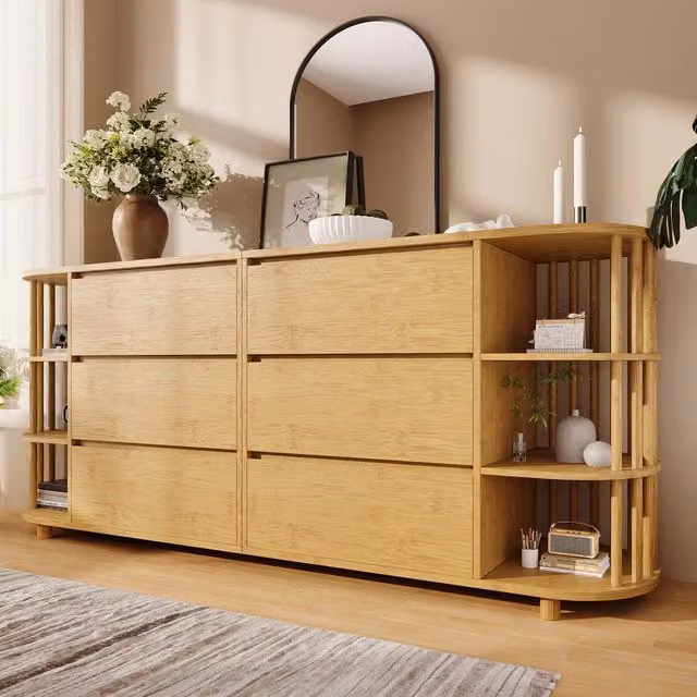 Cassettiera Sideboard con Ripiani in Bamb¨´ e Colonne ¨C MINIMAL ¨C Rovere, 6 Cassetti, 160x75x40 cm