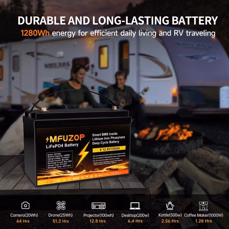 Batteria LiFePO4 da 12V 100Ah, ricaricabile, per l'accumulo di energia, ideale per camper e imbarcazioni