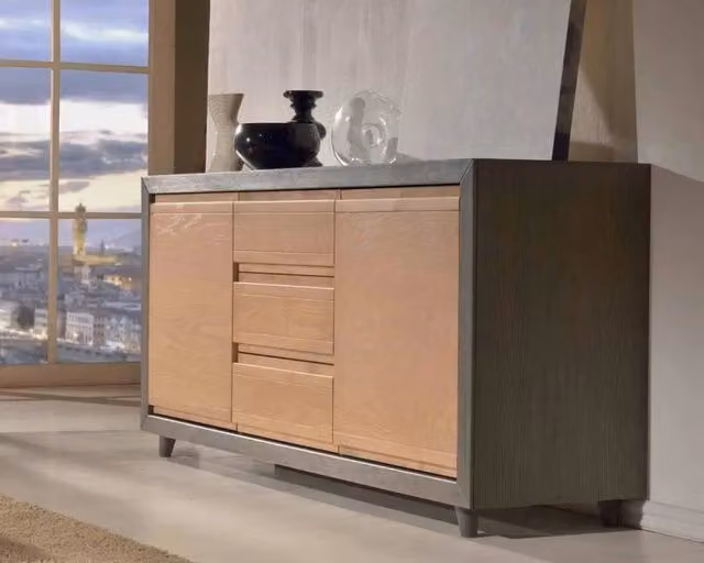Credenza in frassino antracite con 2 porte e 3 cassetti e piedi torniti Mobili 2G L: 179 cm, P: 46 cm, H: 87,5 cm