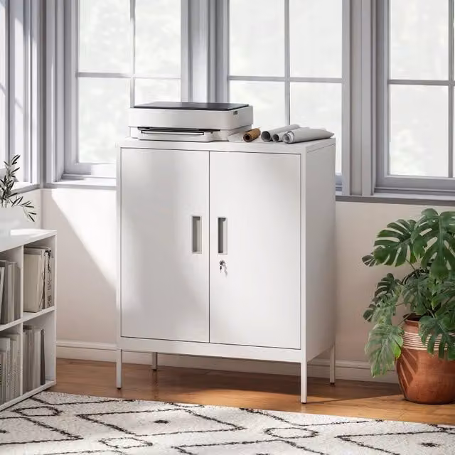 Armadio da ufficio REDOM in acciaio bianco con 2 ante e serratura, L: 80 cm, P: 40 cm, H: 100 cm – 1