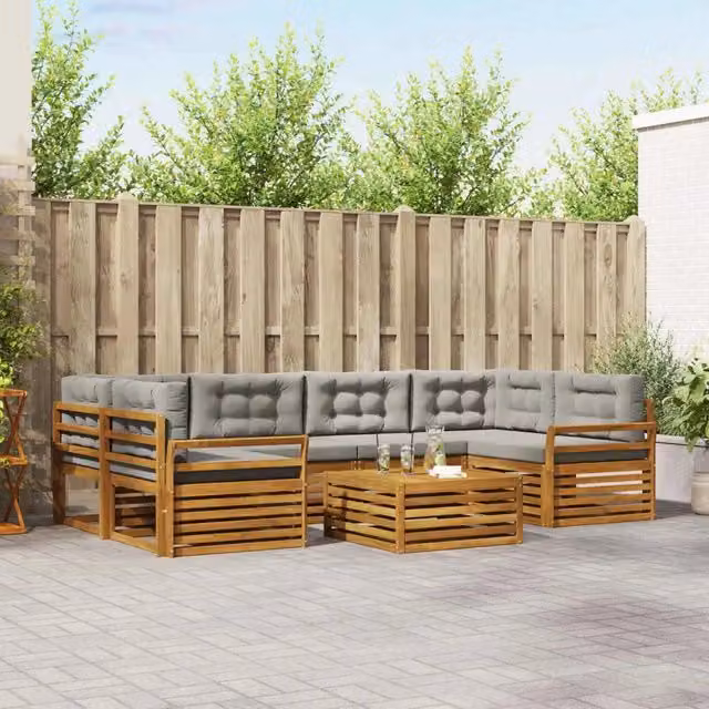 Set di divani da esterno a forma di U vidaXL in legno di acacia con cuscini grigi e tavolino da giardino – 1