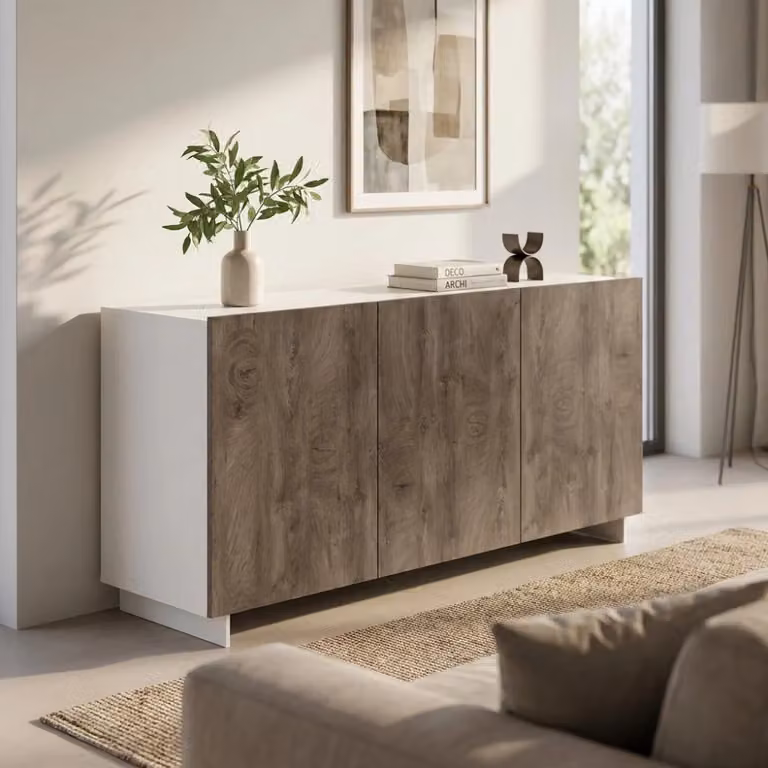 Cosma Credenza Moderna Bianco e Rovere Chiaro L: 150 cm, P: 41,5 cm, H: 76 cm