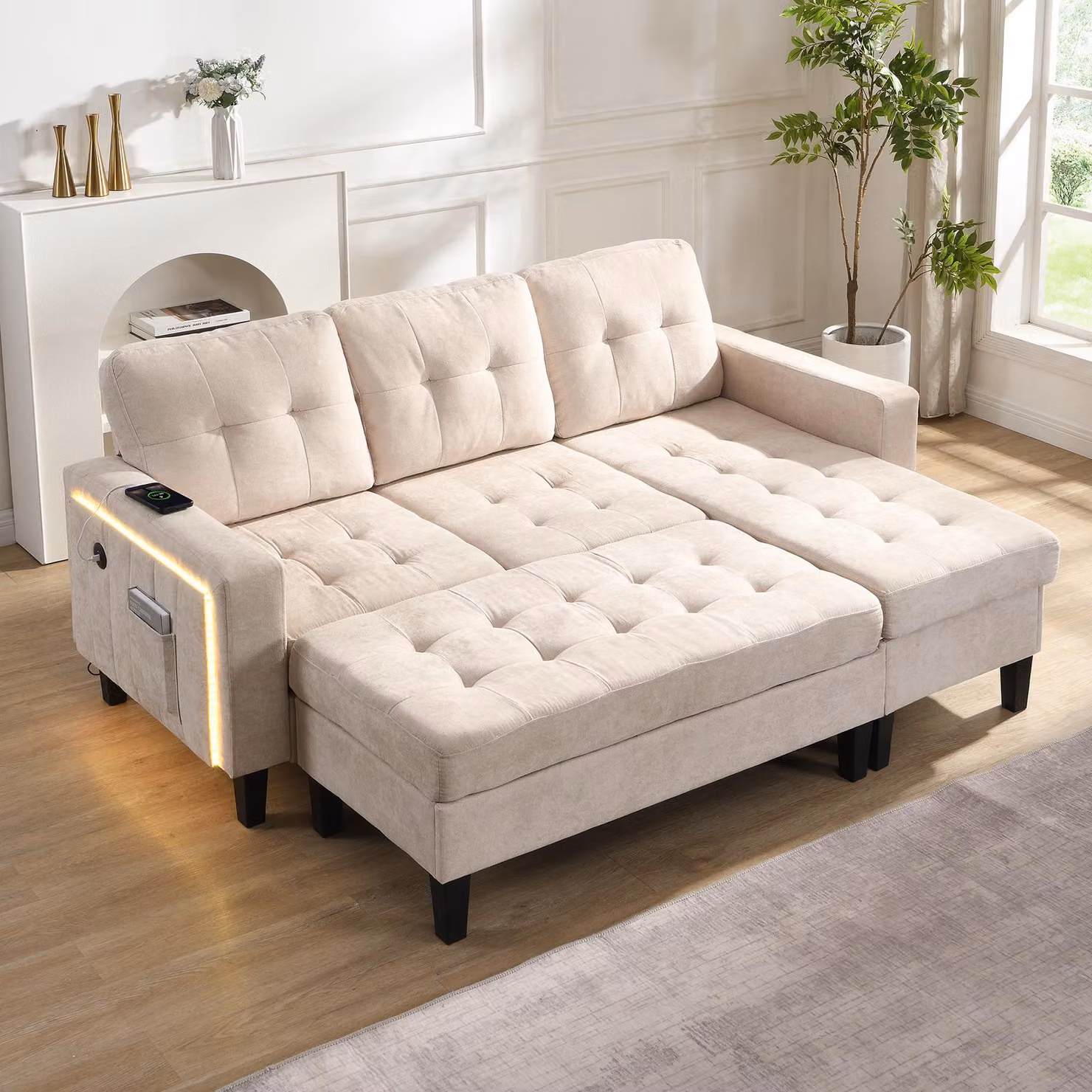 Divano letto Merax a L con illuminazione a LED, divano modulare in ciniglia con poggiapiedi mobile, divano a 3 posti con porta USB, divano letto, beige