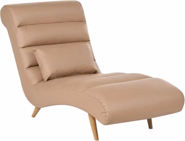 Chaise longue in pelle sintetica marrone chiaro per soggiorno, per il relax, con gambe effetto legno, stile scandinavo moderno