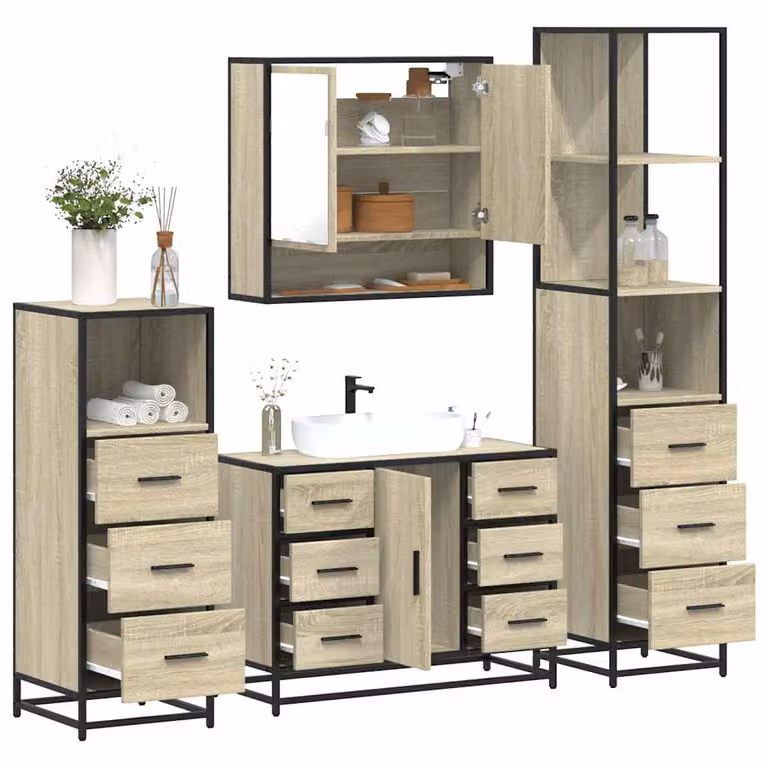 Set di mobili da bagno industrial vidaXL in legno e metallo, 4 pezzi, marrone e beige