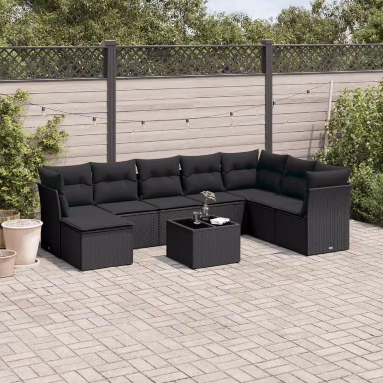 Set di divani da giardino vidaXL 9 pz in polyrattan nero con cuscini e tavolino da esterno
