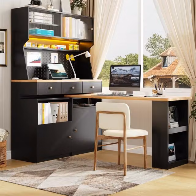 Scrivania moderna Mivray con armadio alto integrato in MDF nero L/P/H: 137 x 74 x 177.7 cm