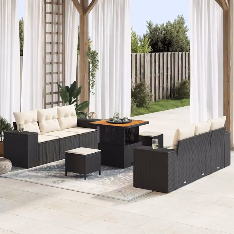 Set Divano da Giardino vidaXL 9 Pezzi a Forma di U in Rattan con Cuscini Beige e Struttura in Acciaio Nero