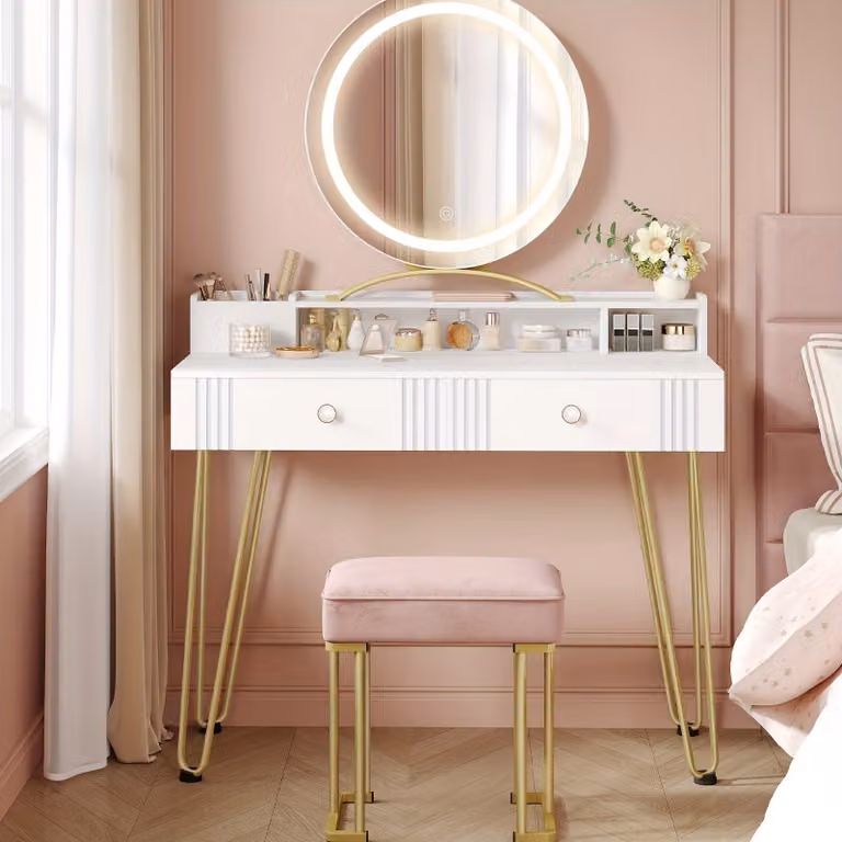 Comò da trucco - Tavolino da trucco - Comò - Scrivania da trucco - Specchiera - Colore bianco e oro - Specchio con illuminazione a LED