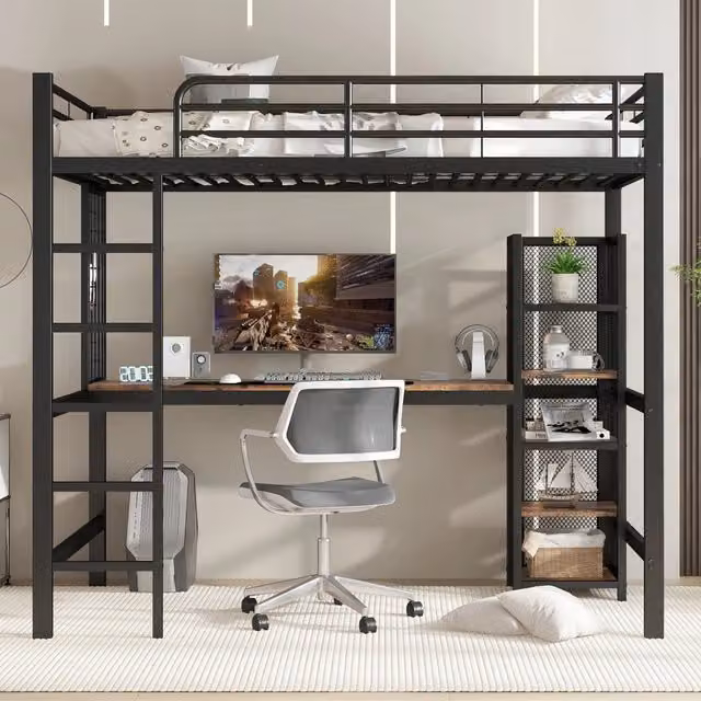 Letto a soppalco 90x200 con scrivania in ferro e MDF; nero e noce scuro
