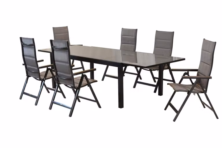 Set di mobili da giardino Merxx Trivero 7 pezzi, 6 poltrone pieghevoli, 1 tavolo allungabile 200 (300) x 110 cm - alluminio/tessuto