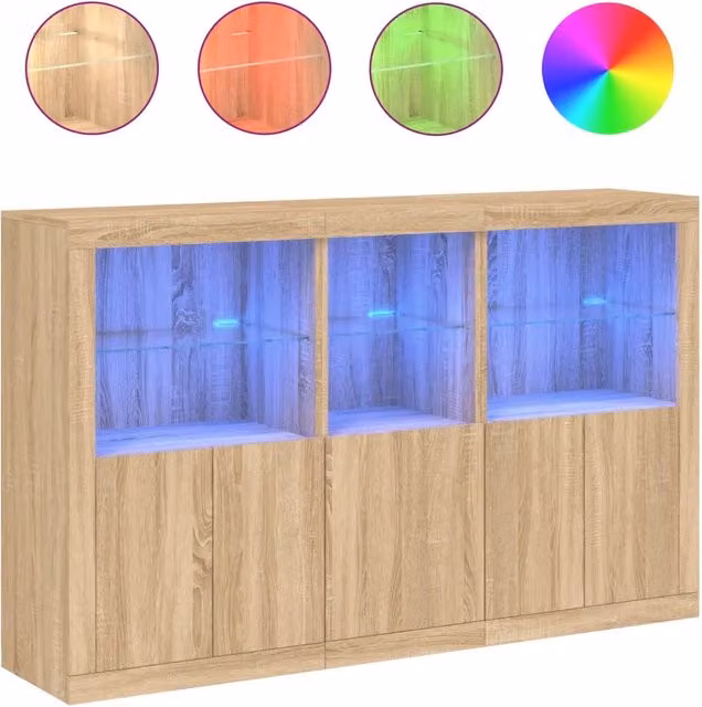Credenza moderna con luci LED in Rovere Sonoma, L 162 cm x P 37 cm x H 100 cm