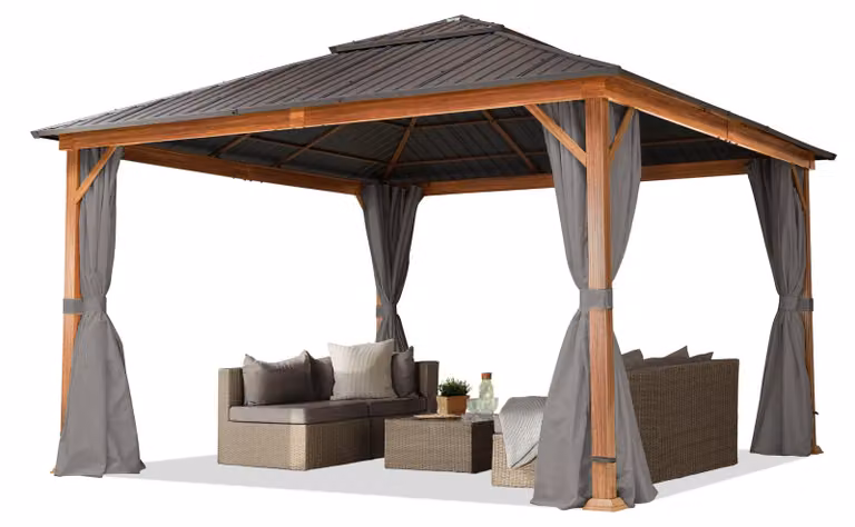 TOOLPORT Gazebo da giardino 4x4 m look legno, tetto Hardtop in acciaio, 4 teli laterali color grigio