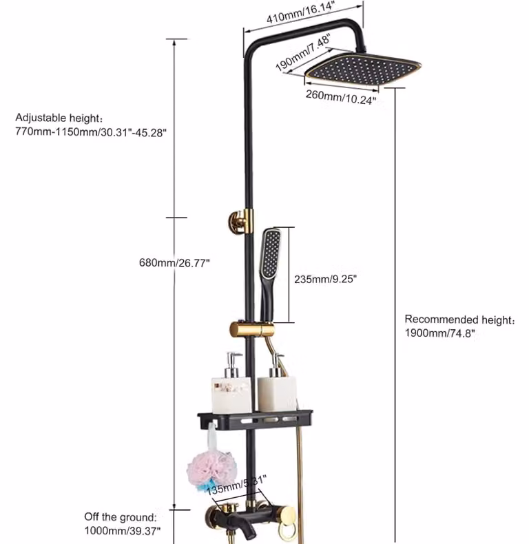 Sistema doccia per bagno - 3 funzioni - Doccia a pioggia e soffione manuale - Miscelatore monocomando da parete - Porta sapone - Acciaio inossidabile lucido - Nero/Oro