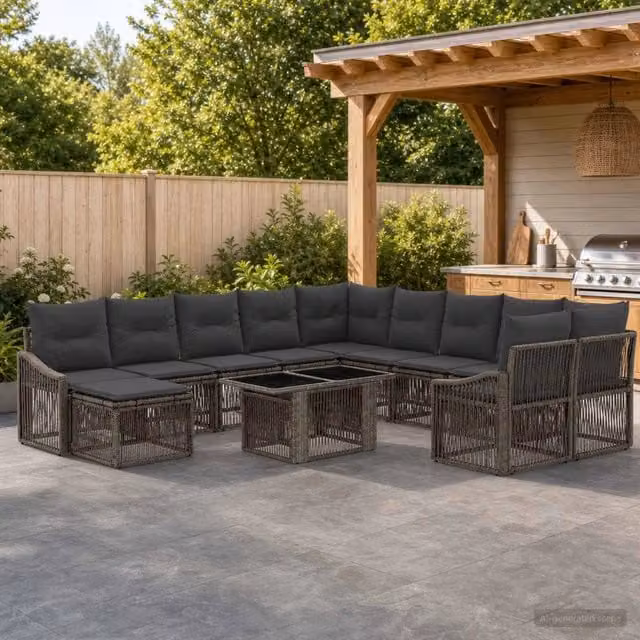 Set Divano da Giardino a Forma di U vidaXL in Polyrattan Grigio e Antracite con Cuscini e Tavolino – 1