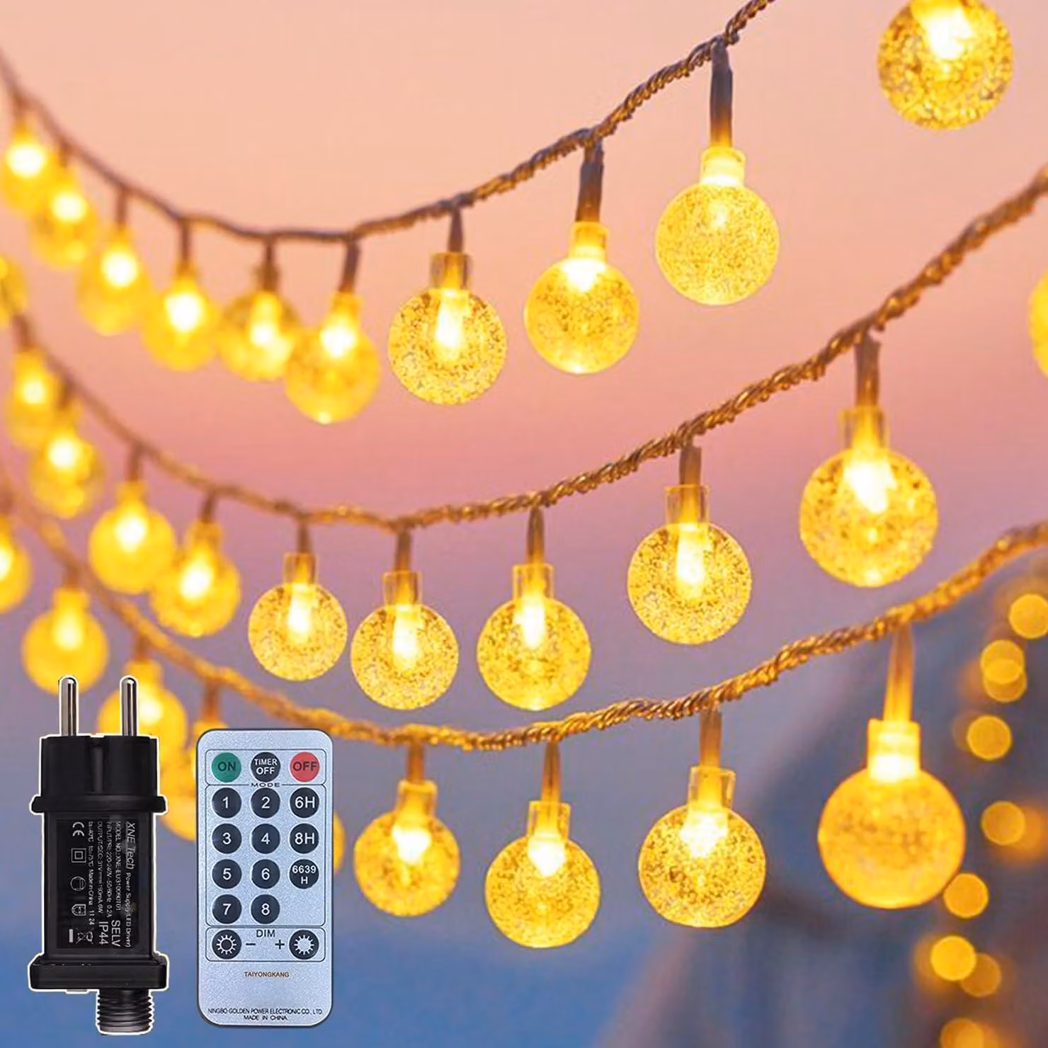 Catena luminosa da 15 metri - 100 LED - Con spina - Grado di protezione IP44 (resistente all'acqua) - Telecomando - Luce bianco caldo