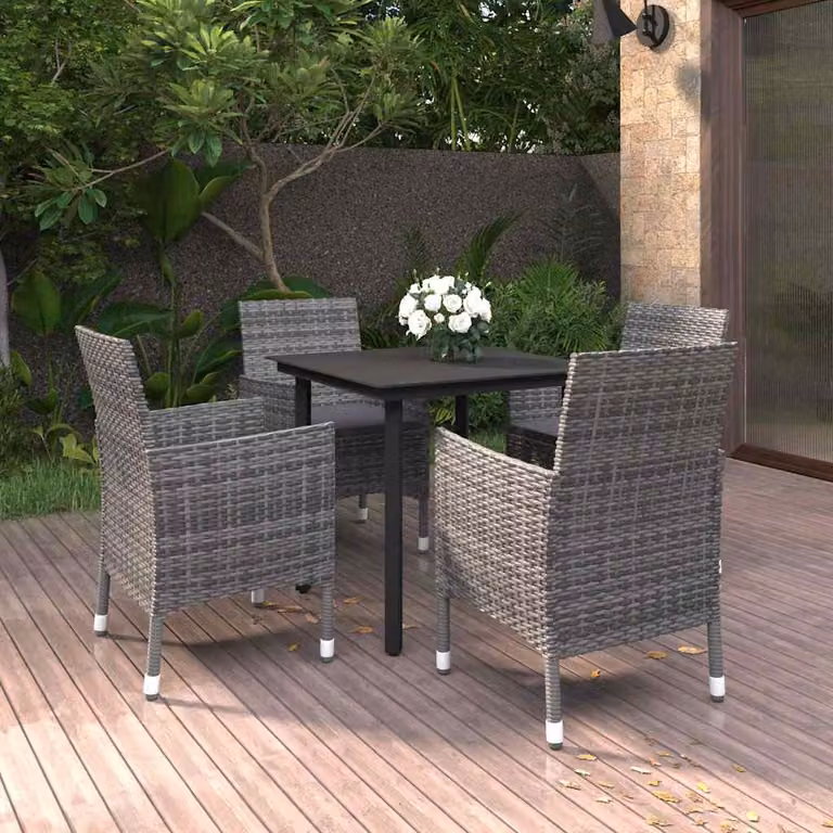 Set da Pranzo da Giardino vidaXL in Polyrattan con Tavolo in Vetro e 5 Sedute con Cuscini, Grigio e Nero