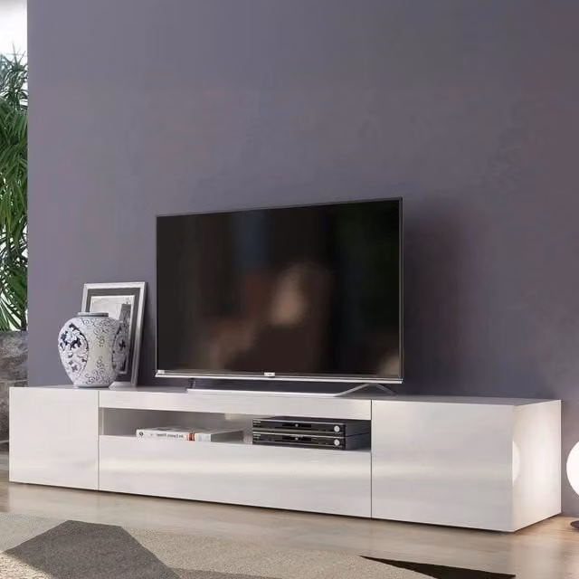 Mobile da soggiorno Porta Amore DMORA in legno bianco lucido con 3 ante e ripiani L: 200 cm, P: 40 cm, H: 37 cm