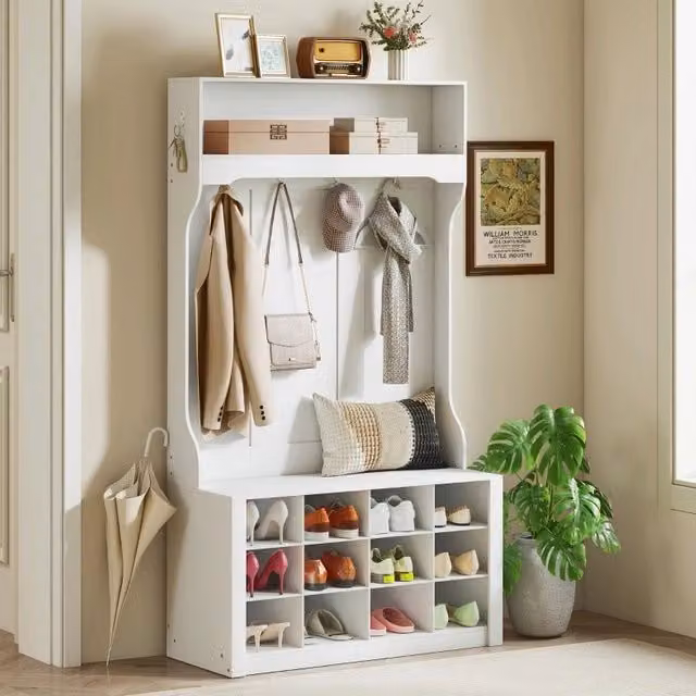 Mobile da ingresso 4 in 1 con panca; 6 ganci e 12 scomparti per scarpe; bianco