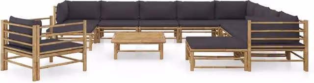 Set Salotto da Giardino vidaXL in Bambù con Cuscini Grigio Moderno a Forma di U