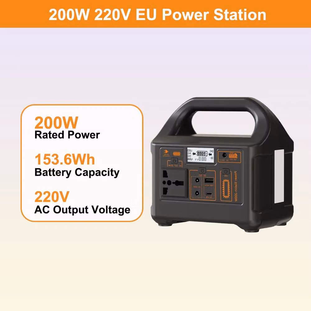 Centralina portatile – Generatore solare con UPS – 200 W – 153,6 Wh, batteria LiFePO4 – Spina europea da 220 V – Onda sinusoidale pura – Luce LED