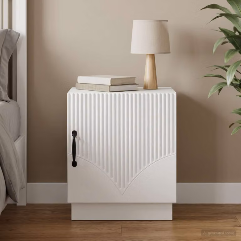 Comodino moderno vidaXL in legno ingegnerizzato e metallo, Bianco, L 43 x P 34,5 x H 47 cm