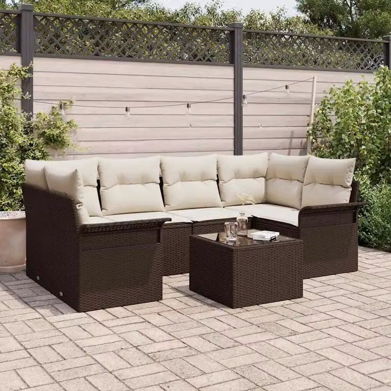 Set Divano da Giardino vidaXL 7 Pezzi a Forma di L Marrone con Cuscini e Tavolino da Caffè in Polyrattan e Metallo