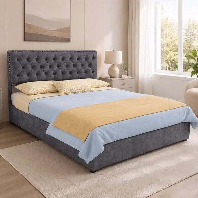 Desviae Letto con testiera 140 × 200 cm rivestito in velluto olandese grigio con rete a doghe e dettagli a borchie
