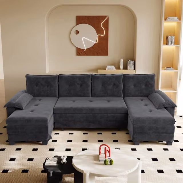 Divano panoramico a U Mivray trasformabile in letto, rivestimento in chenille grigio con porte USB e cuscini inclusi, L: 278 cm, P: 87 cm, H: 127 cm