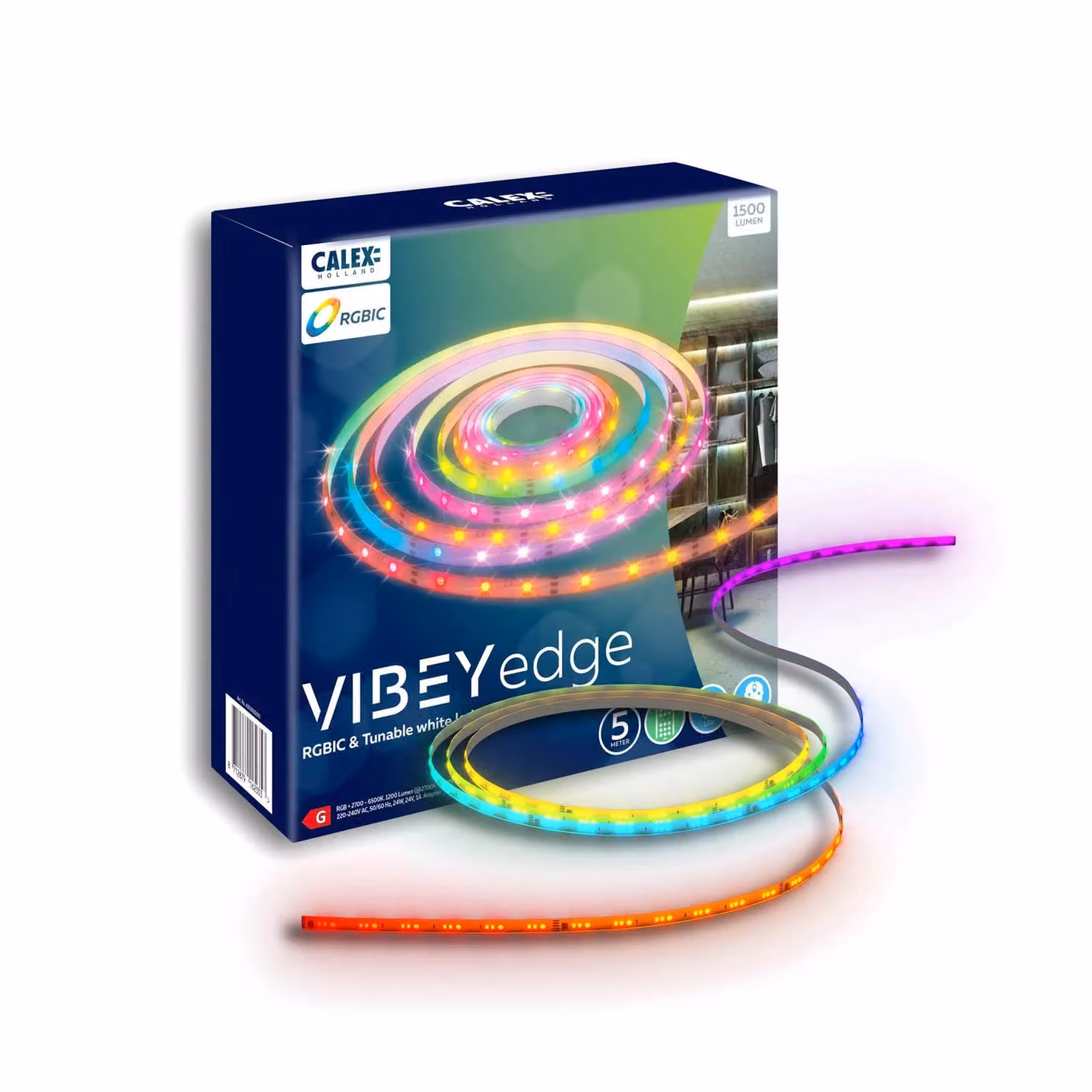 Calex Striscia LED Vibey, lunghezza 5 m, spina, telecomando, RGB, CCT dimmerabile, Chiaro / Trasparente, Plastica, Moderno
