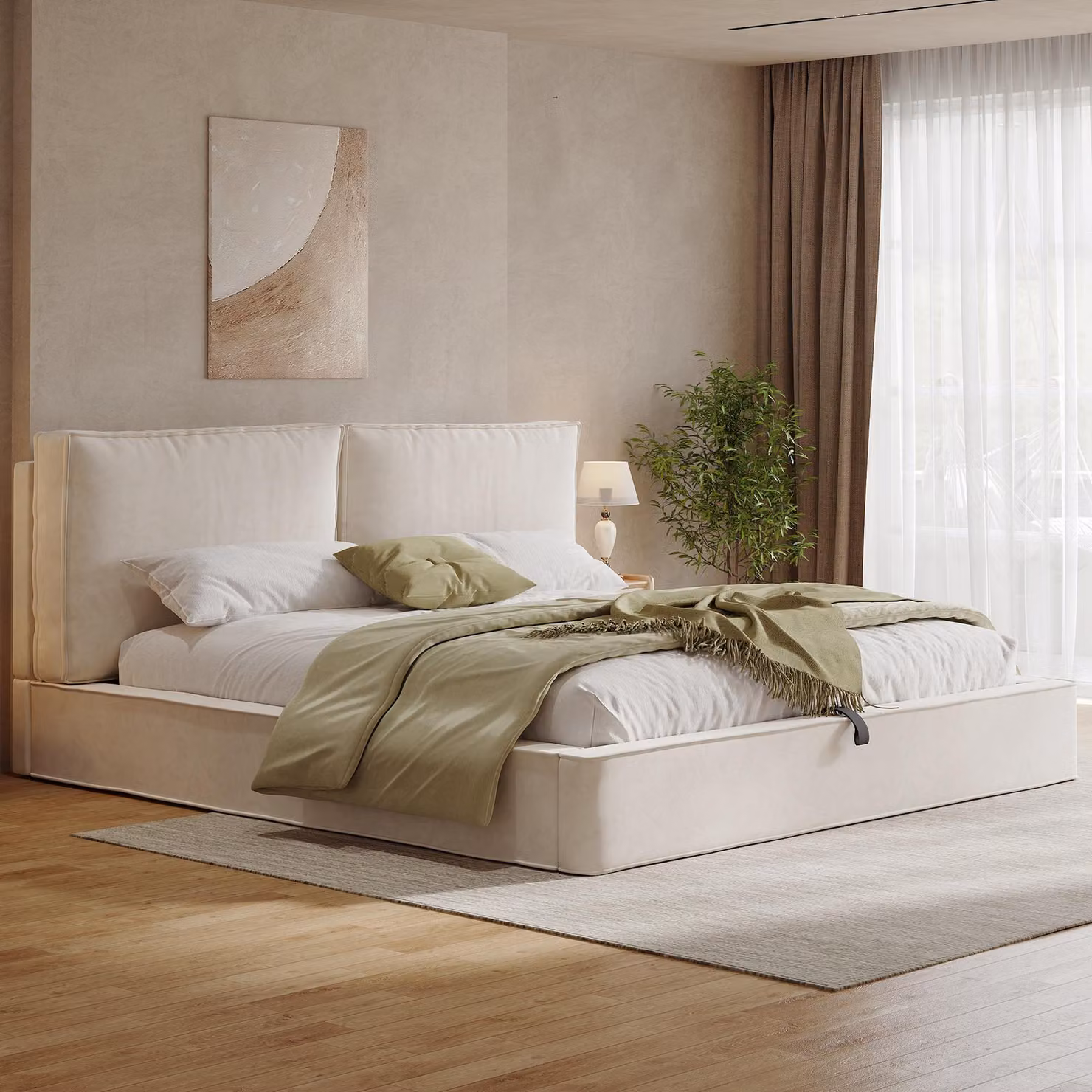 Letto imbottito idraulico Flieks 180x200 cm con contenitore, letto matrimoniale con testiera imbottita, letto con contenitore, letto in legno per ragazzi, ciniglia, beige