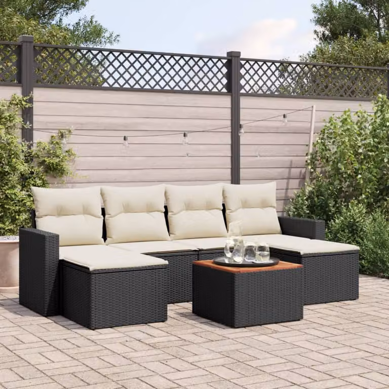vidaXL Set Divano da Giardino a L con 7 Pezzi in Polyrattan Nero e Cuscini Imbottiti