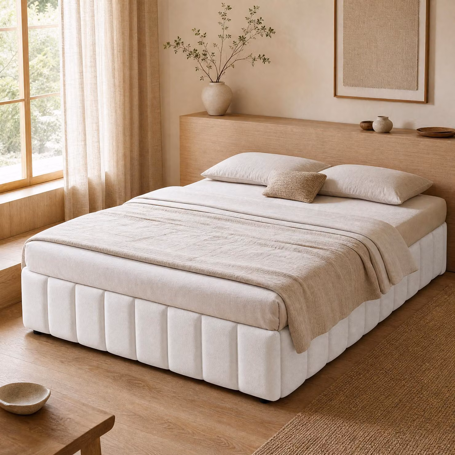 Letto imbottito STILVORA 140x200 cm, letto per bambini con contenitore idraulico, letto per ragazzi, senza testiera, beige (con materasso)