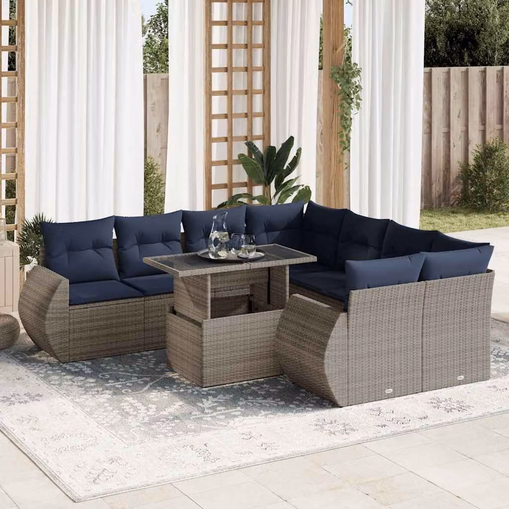 Set Divano da Giardino a L vidaXL in Polyrattan con Cuscini e Tavolino, 9 Pezzi, Grigio e Blu