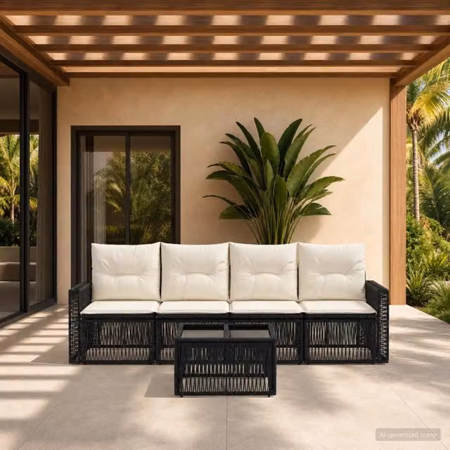 Set da giardino vidaXL composto da 5 pezzi con divani e tavolino in rattan e metallo nero e bianco con cuscini imbottiti e rivestimenti rimovibili – 1